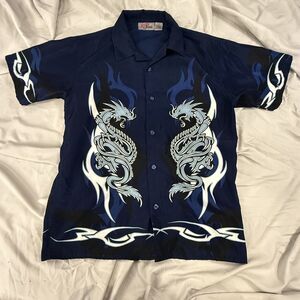 Vintage Y2K Xtreme Limit Shirt Teens Large Blue Dragon Flame Button up Casual